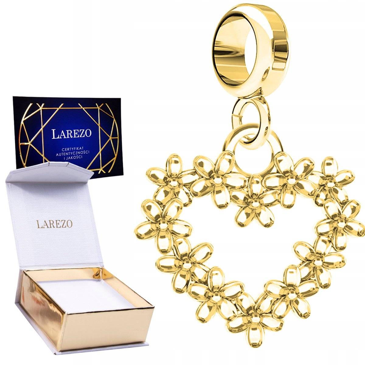 CHARMS ZŁOTY Wiszący z Kwiatami w Sercu Serce Serduszko Kwiaty SREBRO 925