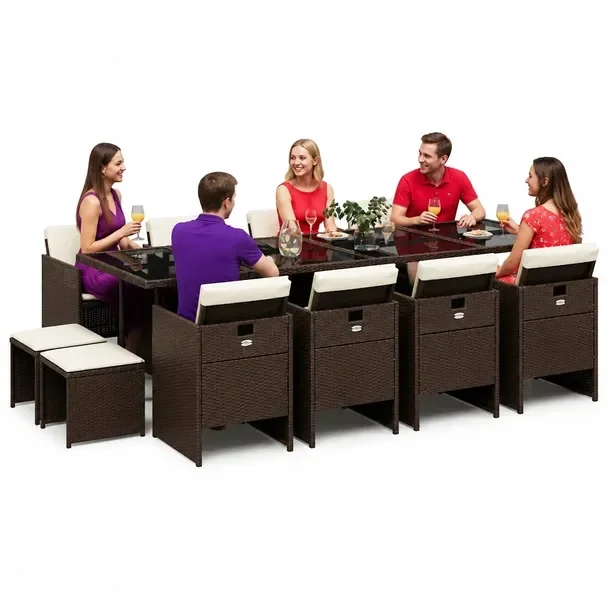Zestaw Mebli Ogrodowych Rattan PE, Stół 275x106x73 cm, Krzesło 50,5x54x79 c
