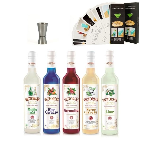 5 syropów Mojito Mint, Limonka, Blue Curacao, Grenadina, Cukrowy 490 ml z miarką i książką PROSTE DRINKI