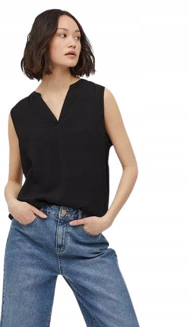 VILA CZARNA BLUZKA BEZ RĘKAWÓW Z DEKOLTEM SZPIC GŁADKA 36 XQA
