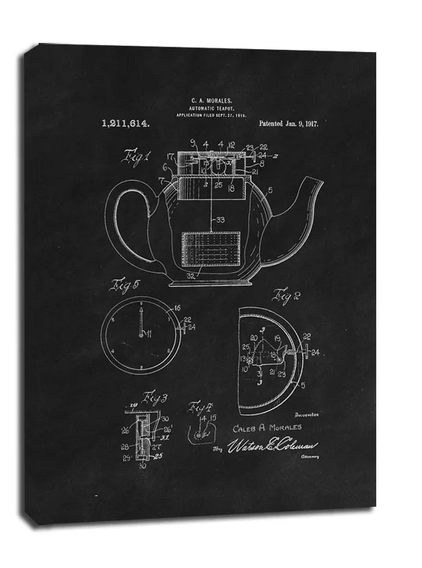 Patent Dzbanek na herbatę Projekt z 1917, black - obraz na płótnie Wymiar do wyboru: 70x100 cm