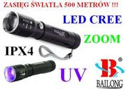 Latarki - BAILONG Metalowa Latarka Taktyczna LED CREE + Ultrafiolet + ZOOM + Akcesoria Zasięg Światła 500 Metrów! - miniaturka - grafika 1