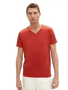 Koszulki męskie - T-shirt męski TOM TAILOR Basic z dekoltem w szpic, 14302-aksamitna czerwień, S - grafika 1