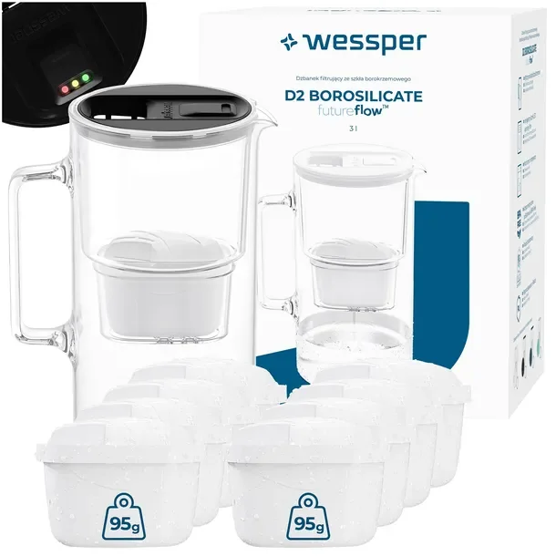 Szklany dzbanek filtrujący Wessper D2 BOROSILICATE 3l futureflow + 9x filtr