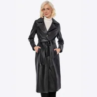 Płaszcze damskie - Długi damski płaszcz ze skóry czarny - miniaturka - grafika 1