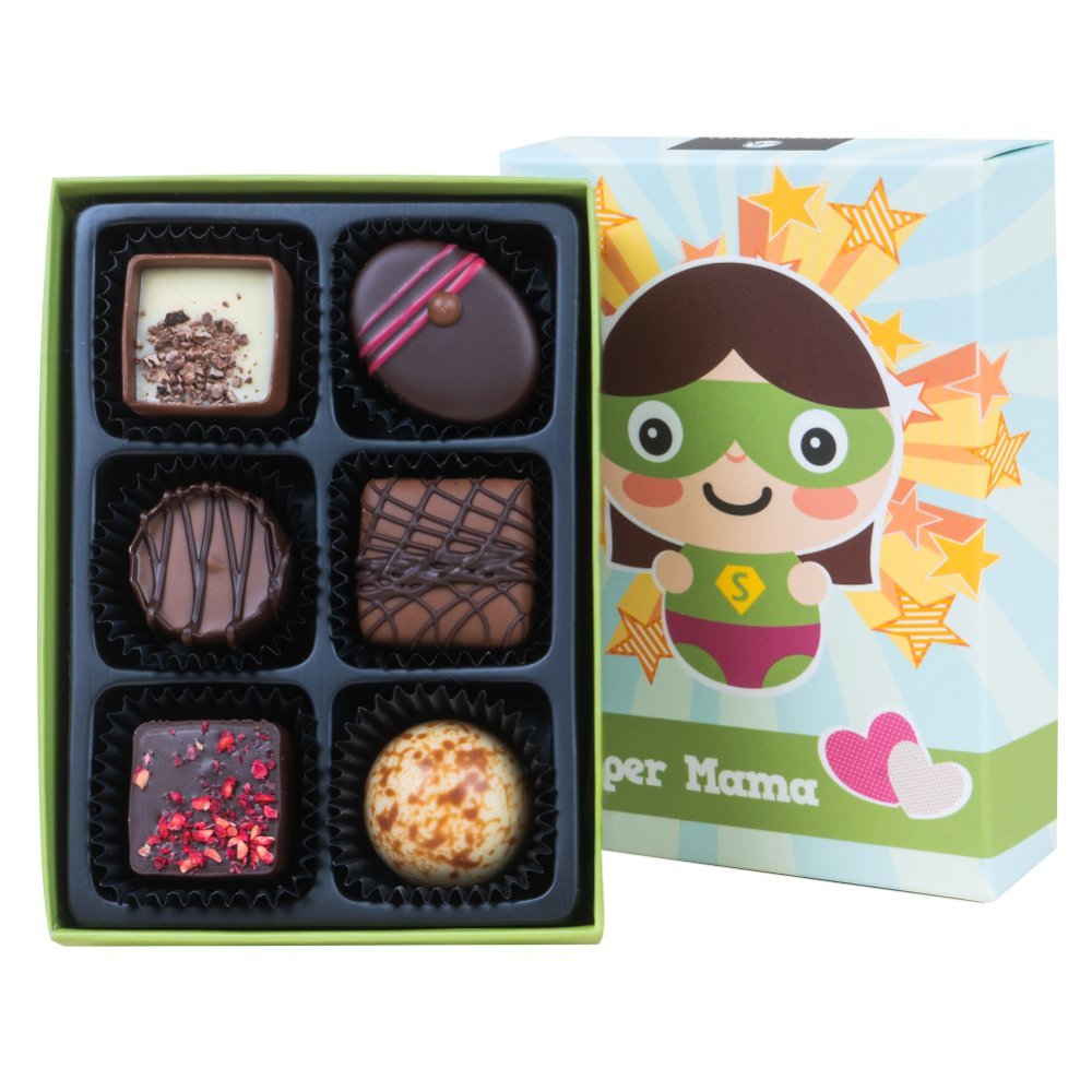 Zestaw 6 pralinek Super Mama z belgijskiej czekolady wykonane ręcznie Idealny prezent na Dzień Mamy 70 g