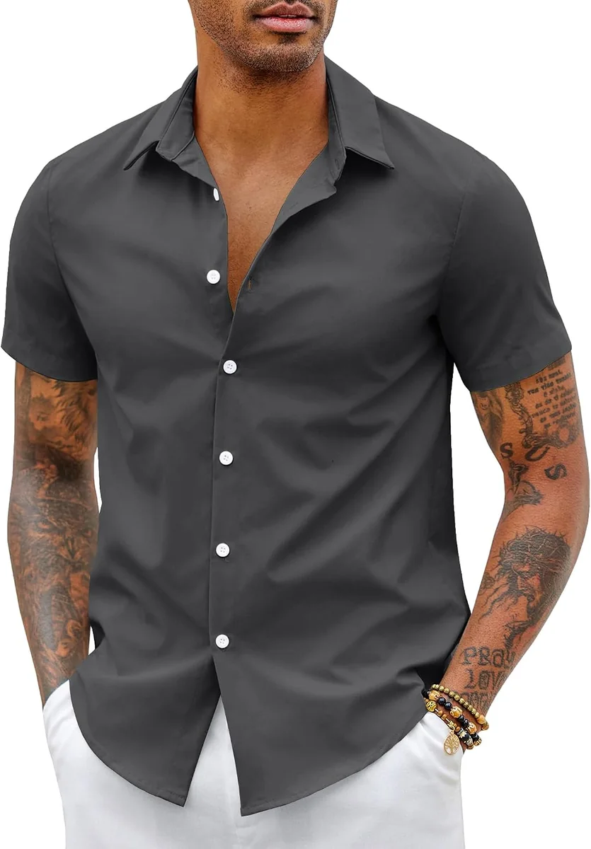 KOSZULA MĘSKA Z KRÓTKIM RĘKAWEM O KROJU SLIM FIT Z POLIESTRU CIEMNOSZARA