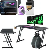 Biurka gamingowe - XMTECH biurko gamingowe narożne 120x60cm biurko PC biurko komputerowe dla graczy biurko biurowe z uchwytem na słuchawki i uchwytem na kubek biurko gamingowe do domu i biura, bez LED - miniaturka - grafika 1