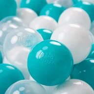 Zabawki do kąpieli - KiddyMoon, plastikowe piłeczki 7cm turkus-transparent-biały 50 - miniaturka - grafika 1