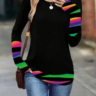 Bluzki damskie - TEMU Kobieca Elegancka Koszulka z Długim Rękawem - Żywe Paski i Nadruk w Kolorowe B, Regularny Krój na Jesień Zimę, Wszechstronna od Codziennego do - miniaturka - grafika 1