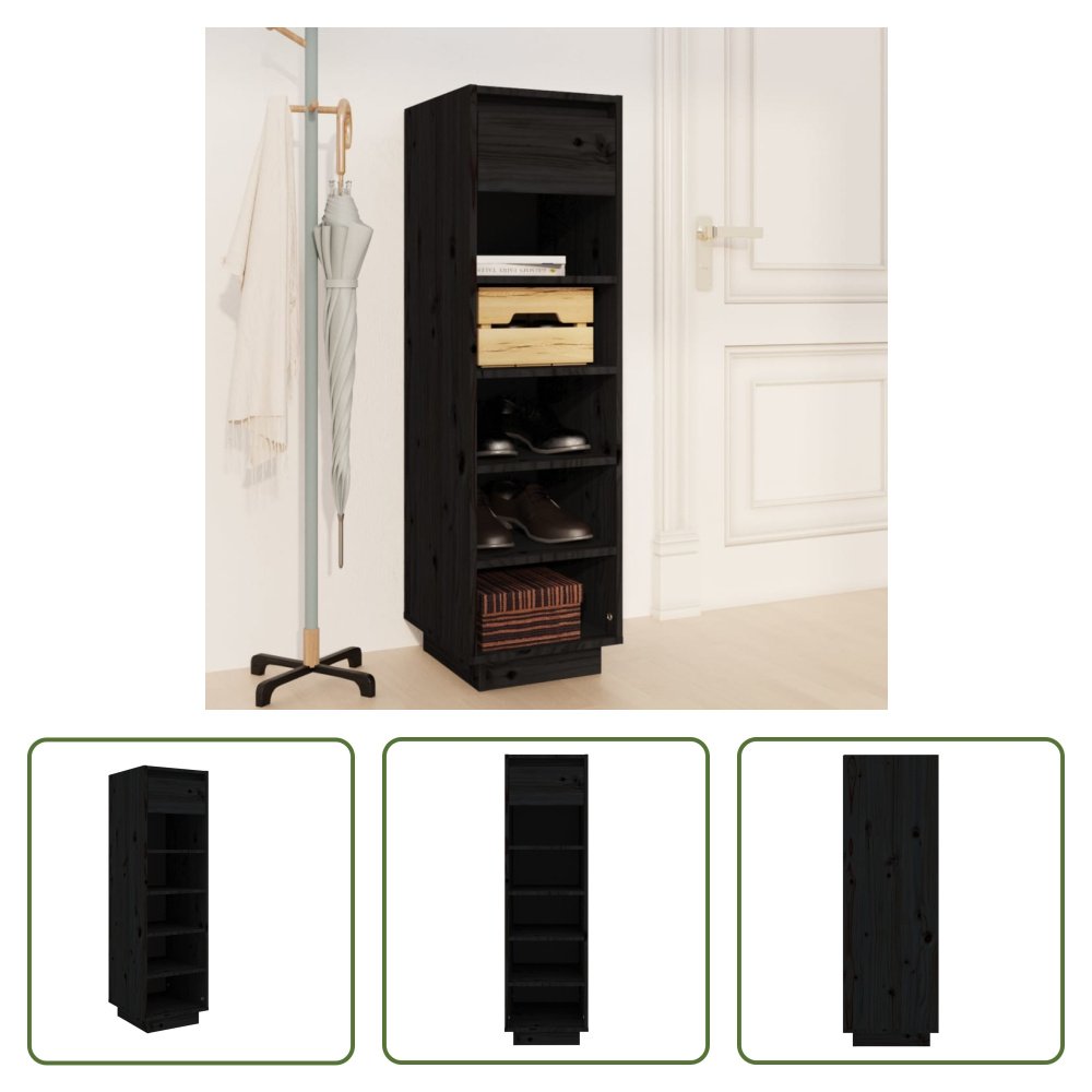The Living Store Stojak na buty czarny 30x34x105 cm lite drewno sosnowe