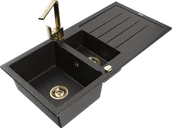 Zlewozmywaki z baterią - Mexen Andres zlewozmywak granitowy 1,5-komorowy z ociekaczem i baterią kuchenną Rita, czarny/złoty metalik- 6515-75-670300-50 - miniaturka - grafika 1
