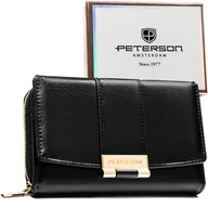 Portfele - Portfel damski czarny PETERSON mały poziomy na zatrzask i suwak ochrona RFID rozbudowany na karty elegancki - miniaturka - grafika 1