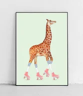 Obrazy i zdjęcia na płótnie - Plakat Żyrafa na różowych wrotkach w stylu retro - miniaturka - grafika 1