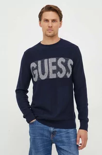 Swetry męskie - Guess sweter z domieszką wełny męski kolor granatowy - grafika 1