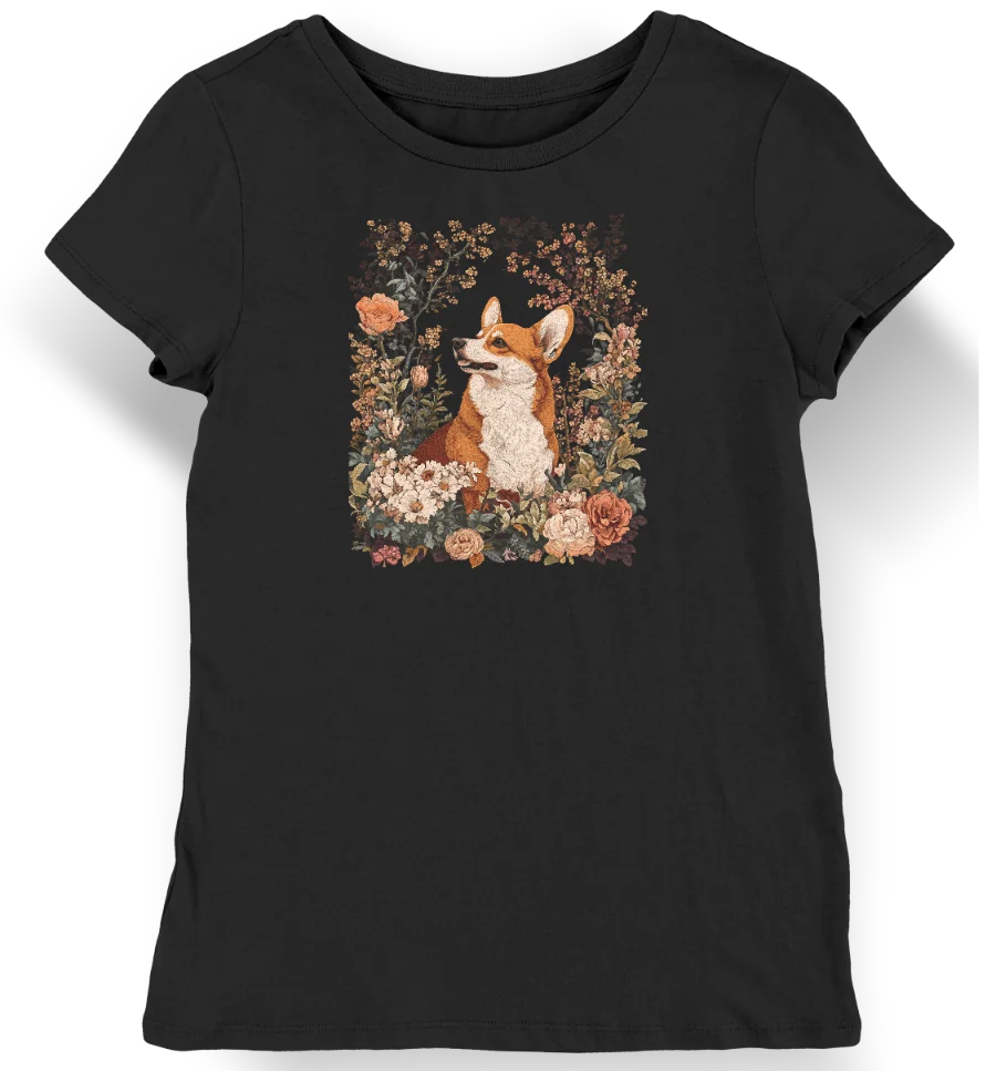 Koszulka damska vintage corgi w kwiatach czarna XL