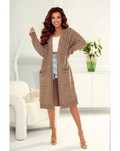 DŁUGI SWETER KARDIGAN OXI Z KULECZKAMI POLSKI PRODUCENT J&K PREMIUM - CAMEL - Swetry damskie - miniaturka - grafika 1