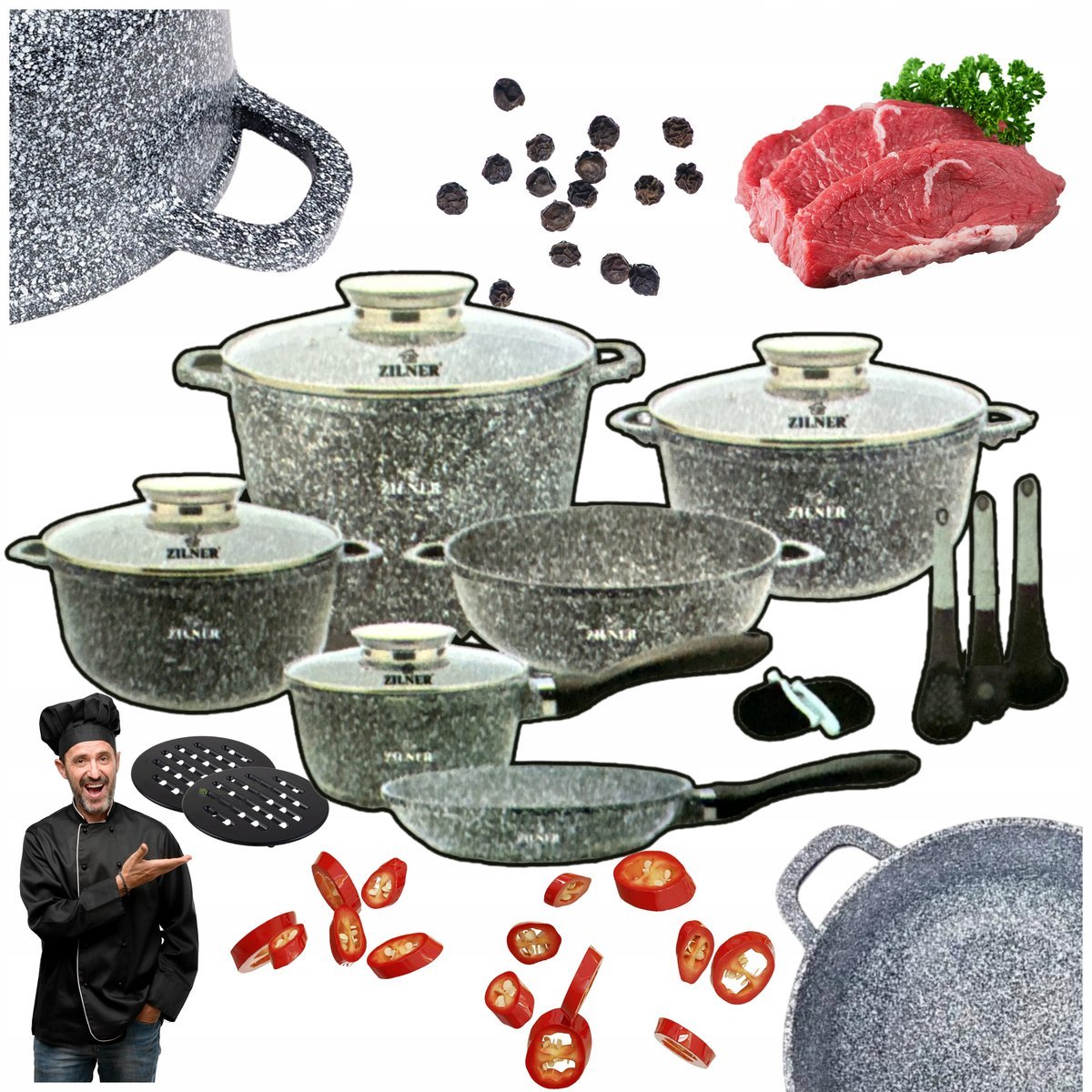 Zestaw Garnków MARMUROWYCH Duży Komplet Garnki Patelnie na GAZ INDUKCJA17el