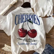 Bluzki damskie - TEMU Kwiatowy Nadruk z Wiśniami i Literami - Damska Koszulka z Krótkim Rękawem, Okrągły Dekolt, Idealna na Wiosnę, , Jesień - miniaturka - grafika 1