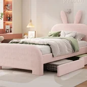 Łóżka dla dzieci i młodzieży - Łóżko dziecięce 90x200 cm z 2 szufladami - zagłówek królik - Różowy - miniaturka - grafika 1