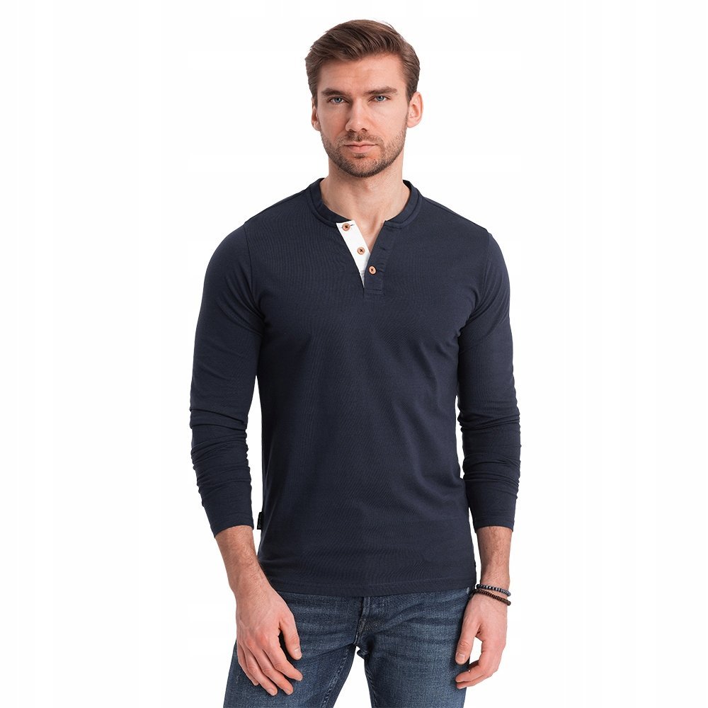 Koszulka męska Longsleeve bawełna guziki granatowy V3 OM-LSCL-0107 roz. L