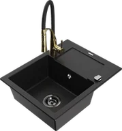 Zlewozmywaki z baterią - Mexen Enzo zlewozmywak granitowy 1-komorowy z ociekaczem i baterią kuchenną Aster, czarny - 6506-77-73450-57-B - miniaturka - grafika 1