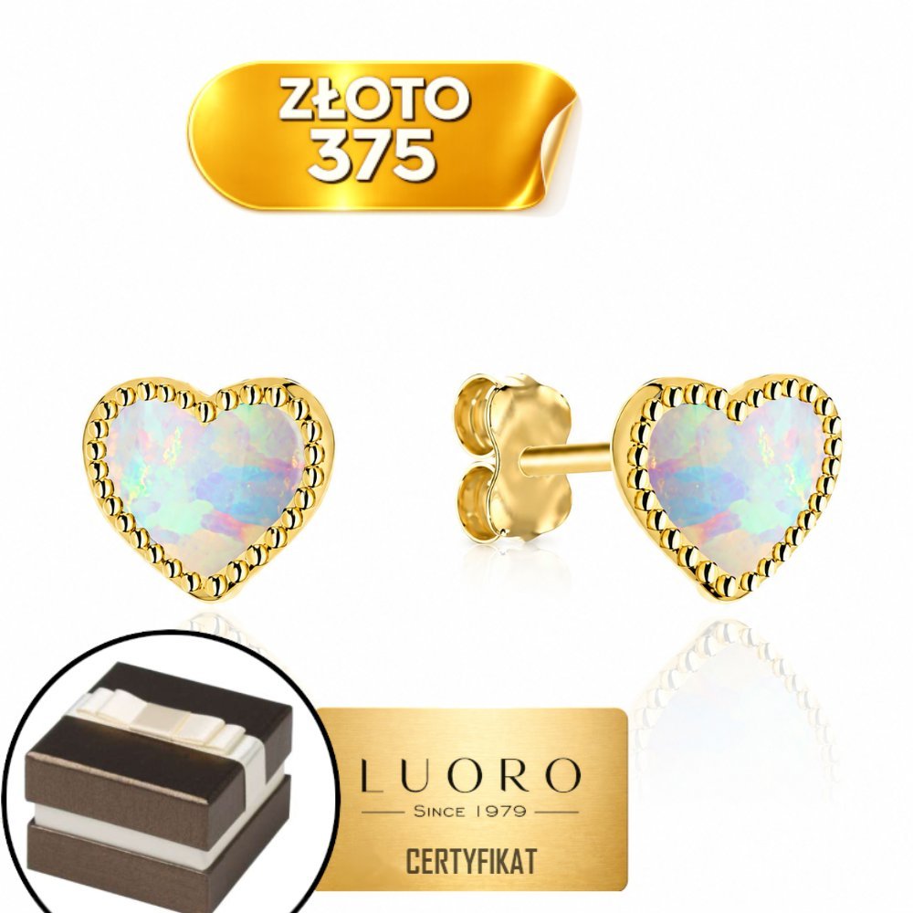KOLCZYKI ZŁOTE 375 SERCA Z OPALEM SZTYFT 6 MM ELEGANCKIE PREZENT