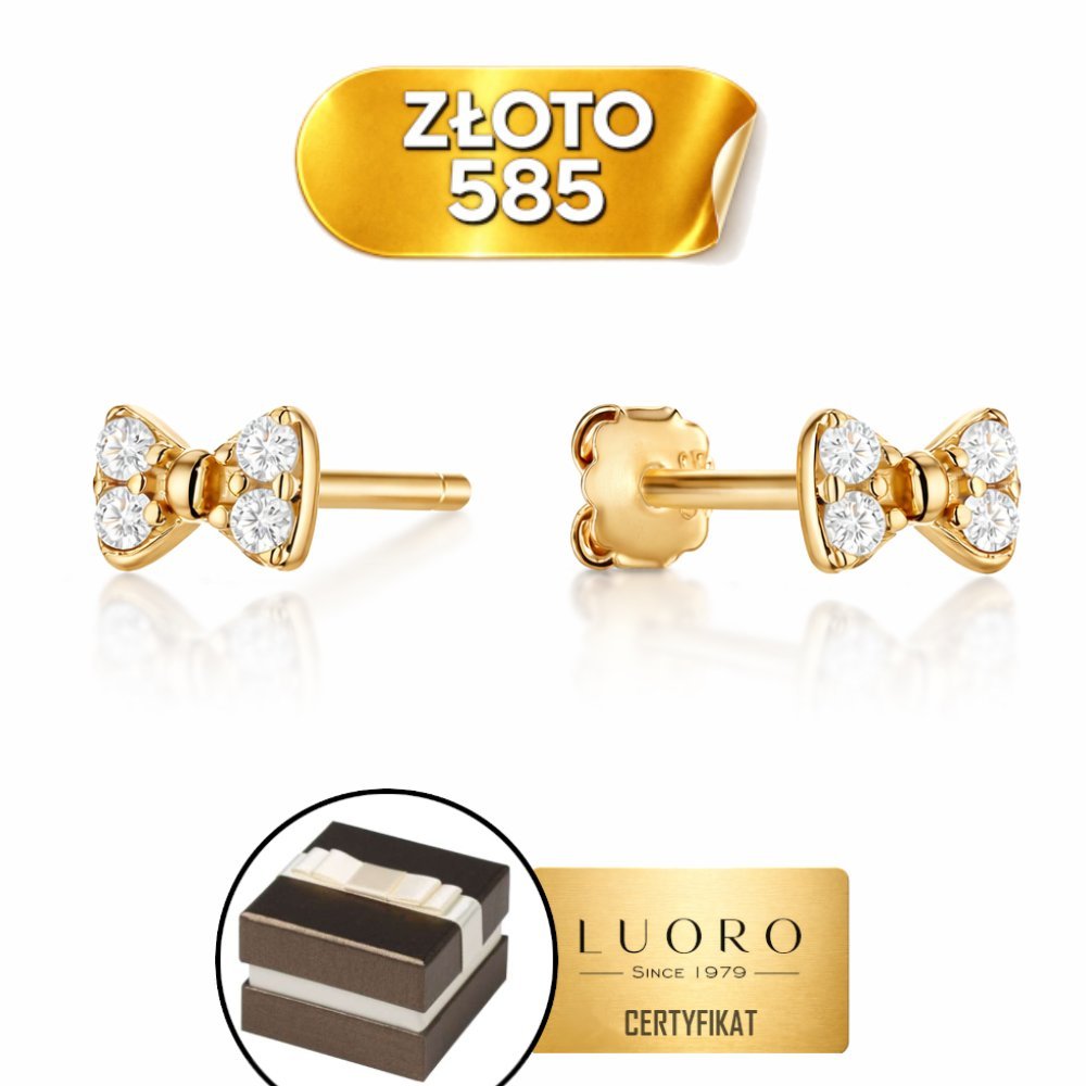 KOLCZYKI ZŁOTE 585 14K KOKARDKI Z CYRKONIAMI SZTYFT 4,7X3,3 MM ELEGANCKIE
