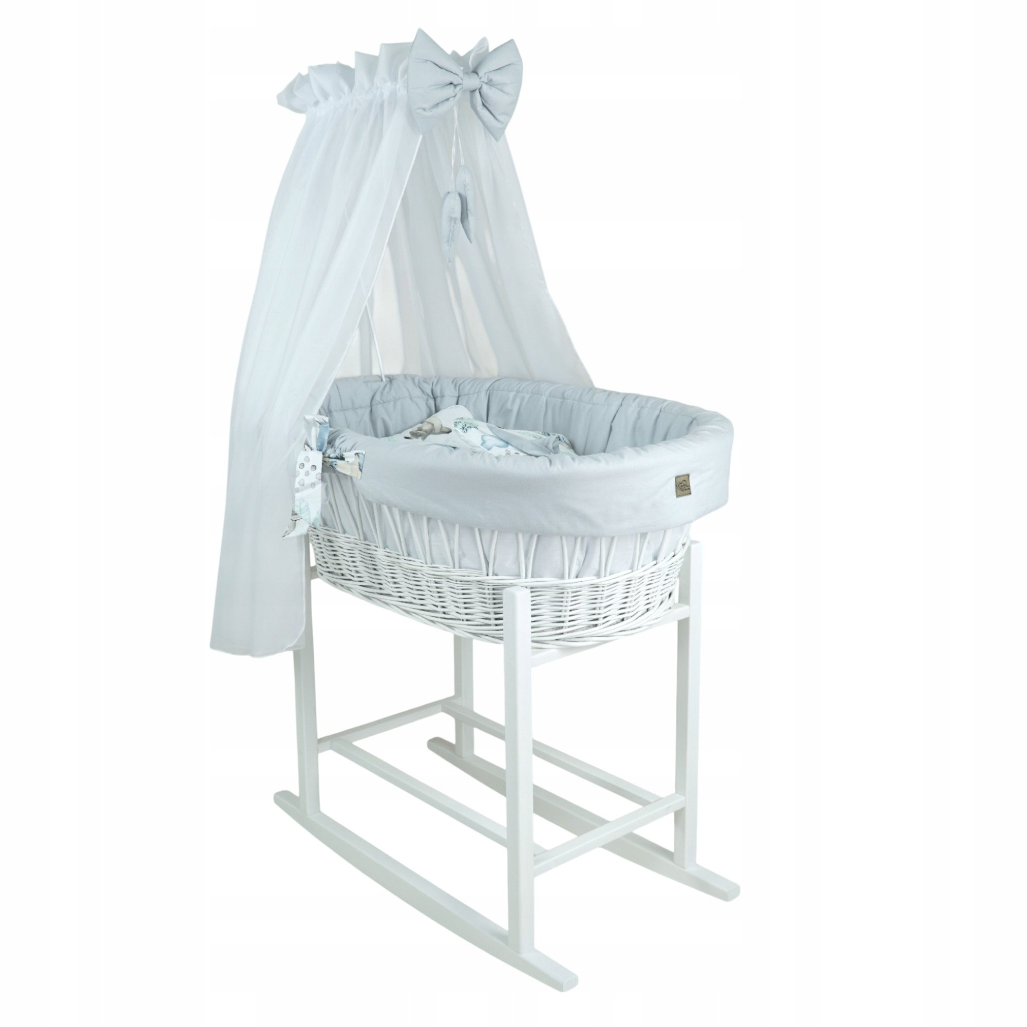 Wiklinowy kosz Mojżesza Oliwia biały z kołyską i pościelą szarą jeżyk