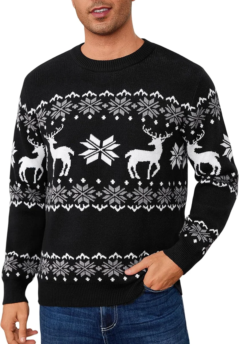 SWETER MĘSKI ŚWIĄTECZNY OKRĄGŁY DEKOLT WZÓR ZIMOWY CIEPŁY MIĘKKI DZIANINA