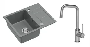 Quadron Unique Zlewozmywak granitowy jednokomorowy 62*50*22 cm z ociekaczem MORGAN 116 SILVER STONE z syfonem Push-2-Open w kolorze stalowym z baterią NATALIE Q LINE kolor stal szczotkowana - Zlewozmywaki z baterią - miniaturka - grafika 1