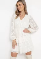 Sukienki - Jasnobeżowa Sukienka Boho z Gumką w Pasie i Błyszczącą Nitką Gavissa - miniaturka - grafika 1