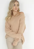 Swetry damskie - Jasnobeżowy Sweter z Wiskozy Oversize Yorate - miniaturka - grafika 1