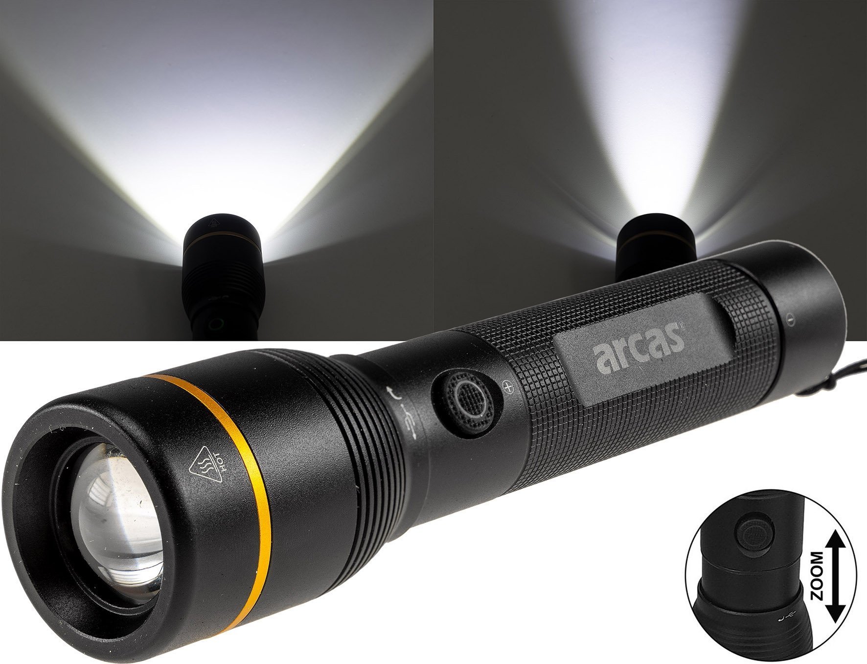 ARCAS Handheld flashlight 10W, rechargeable USB-C, black