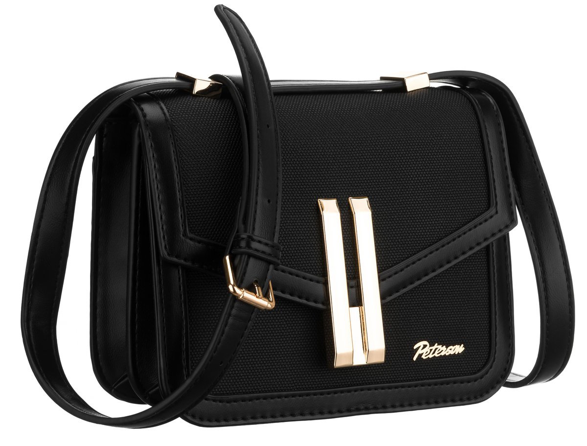 PETERSON Elegancka czarna listonoszka z ozdobnym złotym zapięciem mała torebka damska na ramię kieszonki regulowany długi pasek