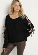 Swetry damskie - Czarny Sweter z Moherem o Nietoperzowym Kroju z Ozdobnymi Wiązaniami w Panterkę Semiri - miniaturka - grafika 1