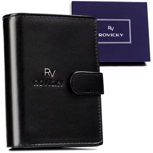 Klasyczny zapinany portfel męski na karty i dokumenty ze skóry naturalnej ochrona kart RFID Rovicky, czarny - Portfele - miniaturka - grafika 1