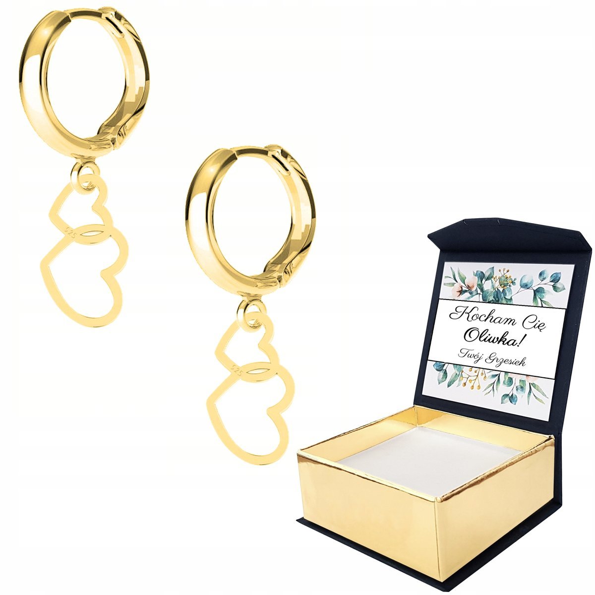 Kolczyki złote Dwa Serca 925 WŁASNY NADRUK