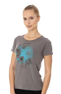 Koszulki sportowe damskie - Koszulka damska z merino Brubeck Outdoor Wool Pro SS12720A szary kwiaty - grafika 1