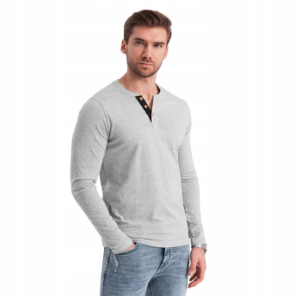 Koszulka męska Longsleeve bawełna guziki szary melanż V8 OM-LSCL-0107 r XL