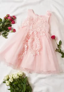 Różowa Balowa Sukienka Ozdobiona Różami Perełkami i Tiulem Namiko - Sukienki i spódniczki dla dziewczynek - miniaturka - grafika 1