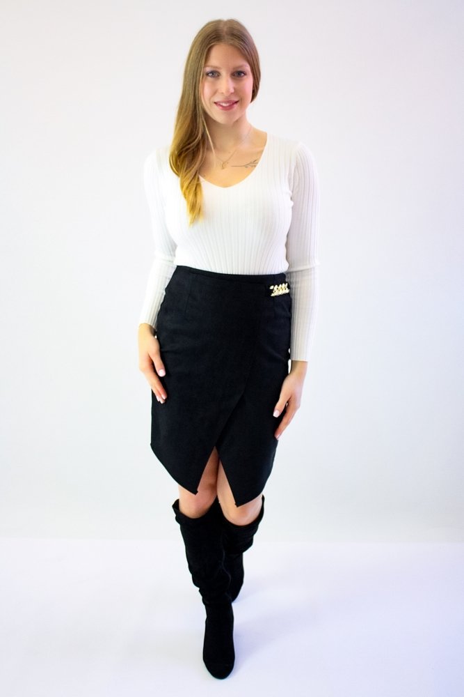 Spódnica Ołówkowa Asymetryczna z Rozcięciem MIDI Czarna L