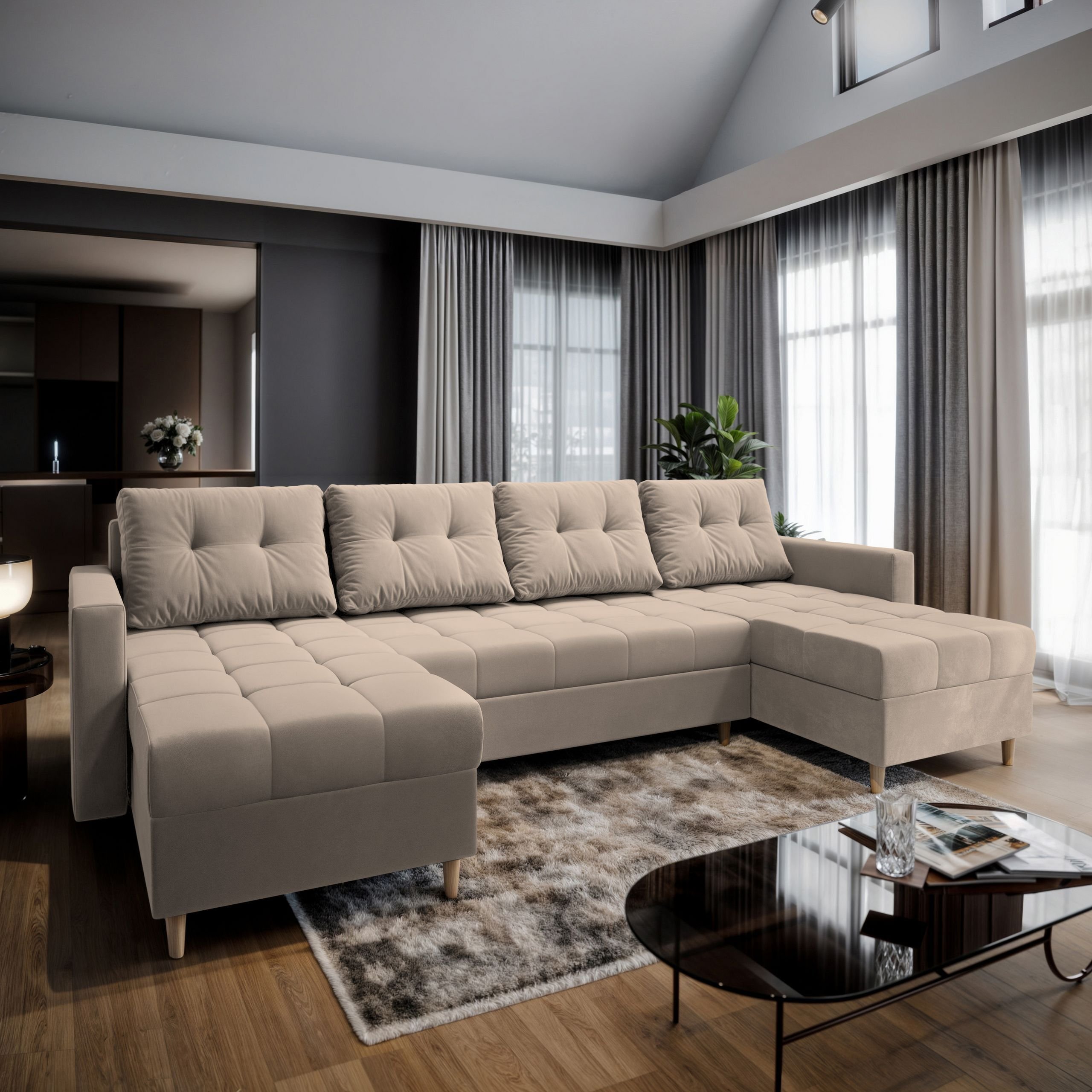 Masseno Narożnik MILO U z funkcją spania i pojemnikiem na pościel Kształt U, Rozkładana sofa, Rogówka - Beżowy, PAROS 02