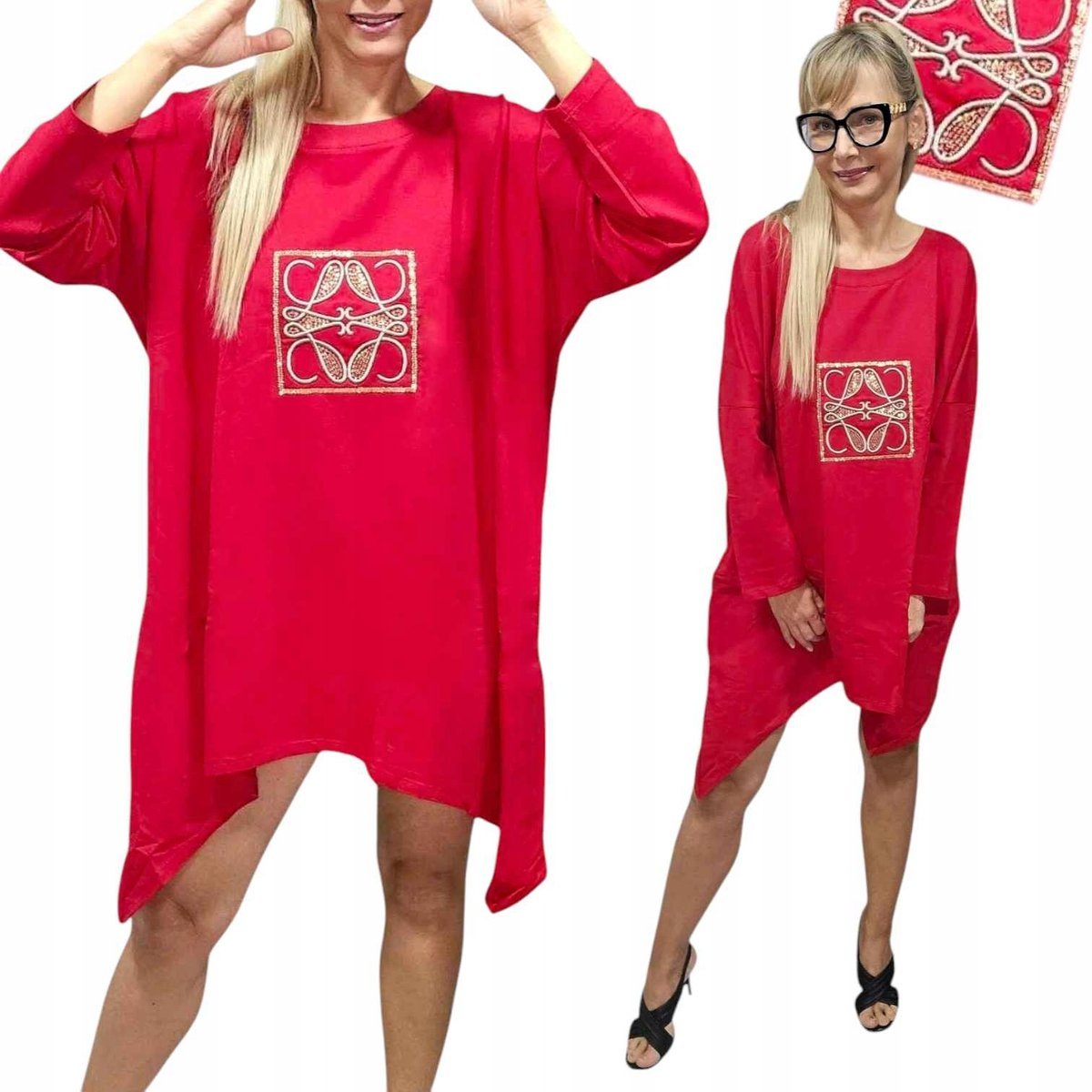Sukienka tunika złoto ornament luźna bawełna haft czerwona 50 52 5xl 6xl