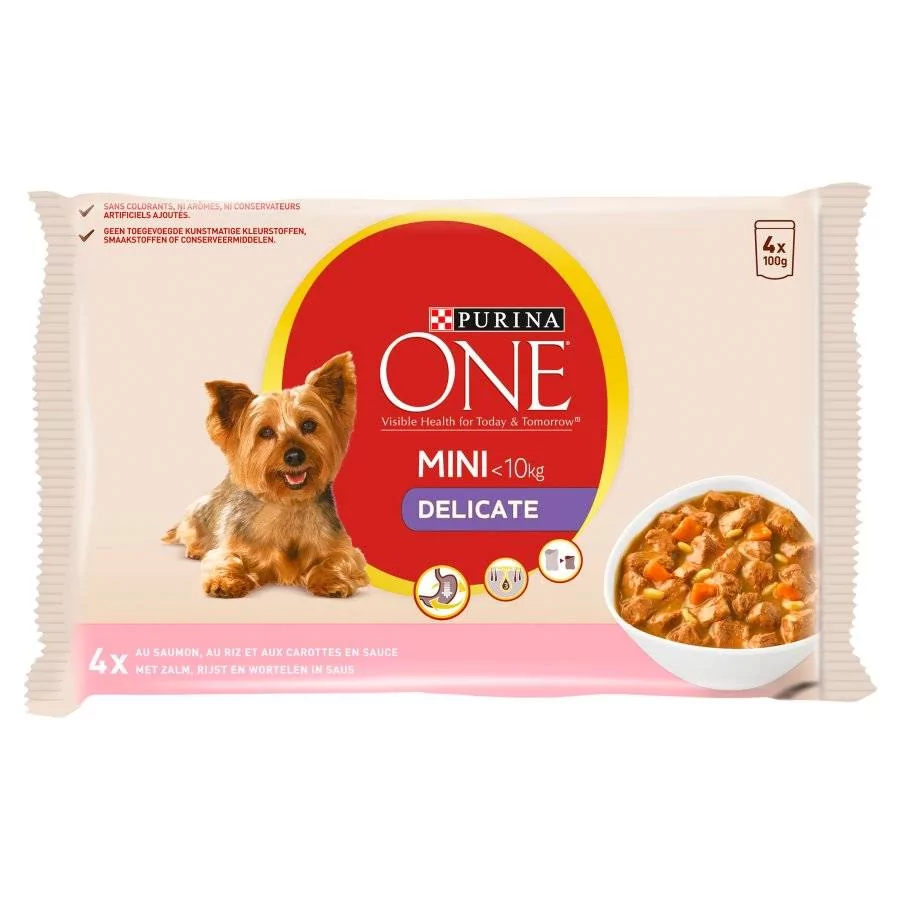 Purina ONE One Mini Delicate Karma dla psów z łososiem ryżem i marchewką w sosie 4 x 100g 51391-uniw