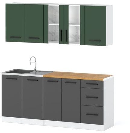 Kuchnia Modułowa Z Blatem Mała Rest 2.0m Biała Butelkowa Zieleń Szary Mat