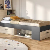 Meble do sypialni - Łóżko z zagłówkiem, ze skrzynią i szufladą – 90 × 190 cm – Antracyt i naturalny + materac + stelaż - LEANDRE - miniaturka - grafika 1