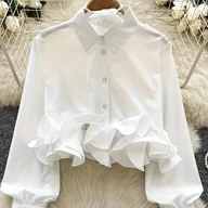 Koszule damskie - TEMU Elegancka Bluzka Damska z Krótkim Rękawem - Długi rąbek, Kołnierzyk i Mankiety w Falbankach, Jednokolorowa Koszula na Śluby, Przyjęcia & Biuro – - miniaturka - grafika 1