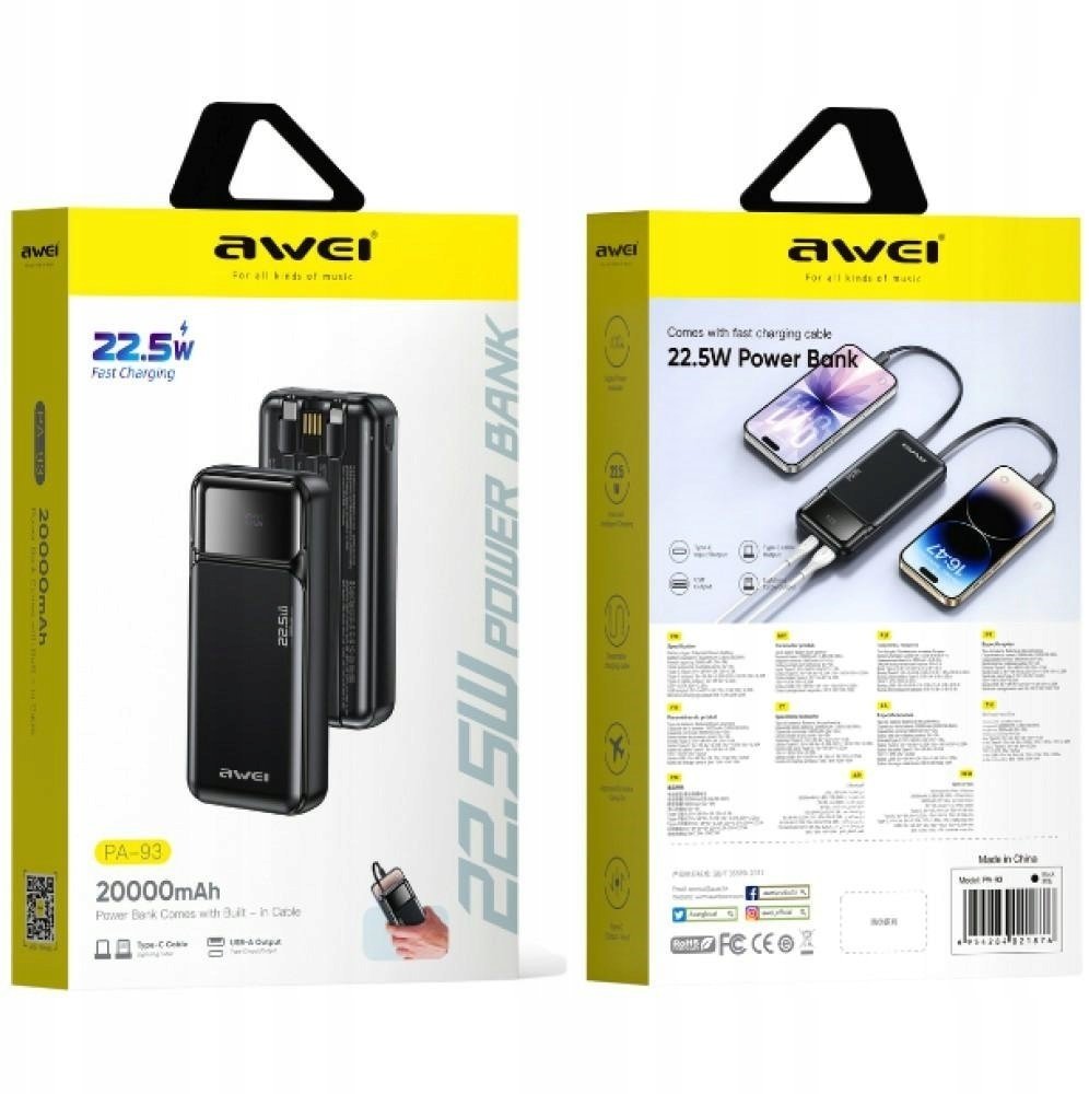 Awei PA-93 20000mAh 22,5W PD 2xUSB-C + kabel czarny