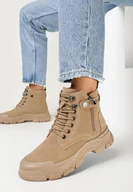 Botki damskie - Ciemnobeżowe Traperki na Grubej Podeszwie Beanika - miniaturka - grafika 1